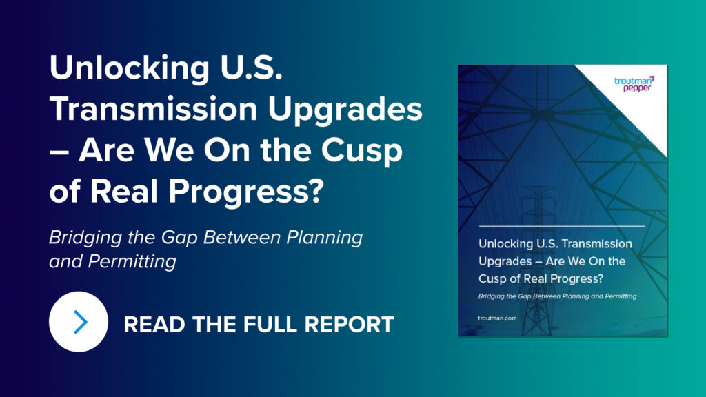 text: Unlocking U.S. Transmission Upgrades - Are We On the Cusp of Real Progress? Bridging the Gap Between Planning and Permitting. Arrow icon with text 